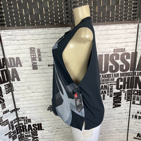 Under Armour L Black -Gray Geometric Print Crew Neck Heatgear Tech Muscle Tee - Picture 4 of 5